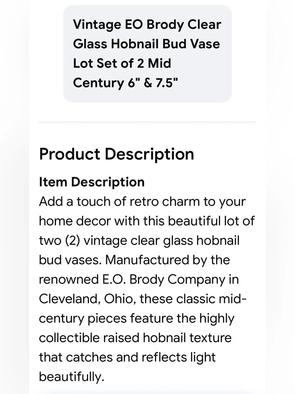 Vintage EO Brody Clear Glass Hobnail Bud Vase LOT Set of 2 Mid Century 6